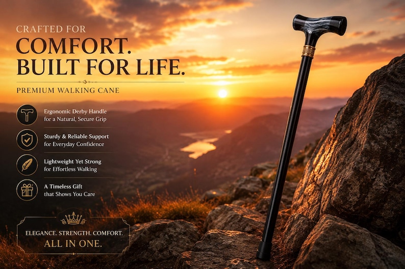 May include: A black walking cane with a dark, marbled derby handle and a gold-toned collar. The text on the image reads: CRAFTED FOR COMFORT. BUILT FOR LIFE. PREMIUM WALKING CANE. ELEGANCE. STRENGTH. COMFORT. ALL IN ONE. Ergonomic Derby Handle, Sturdy & Reliable Support, Lightweight Yet Strong, A Timeless Gift.