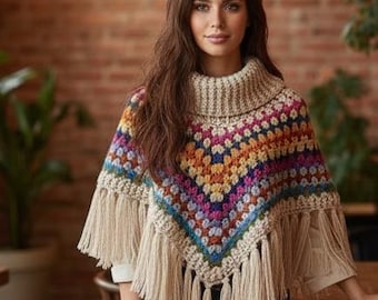 Crochet Pattern, Crochet Fringed Poncho,  Crochet Poncho, Womens Fringed Rainbow Poncho,  Winter Women's Crochet Sweater, Crochet Ponchos