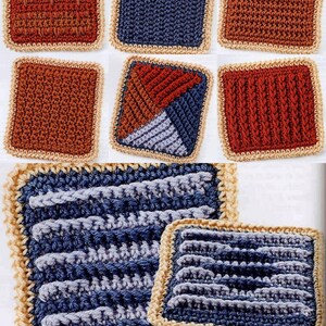 May include: A collection of handmade crochet squares in various colors and stitch patterns. The squares feature shades of red, blue, and brown, with a tan border. The designs include textured patterns and geometric arrangements, showcasing the versatility of crochet.