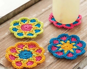 Crochet Pattern, Crochet Flower Coaster, Crochet Coffee Coaster, Mug rug crochet, Coffee coaster, Colorful crochet coasters
