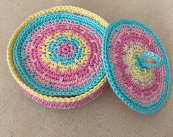 Crochet Pattern, Pattern for coaster and coaster holder, easy coaster pattern, round coasters and holder, coffee mug rug