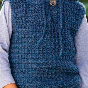 May include: A blue hooded waistcoat with a textured knit pattern and two brown buttons. The waistcoat is sleeveless and has a hood.