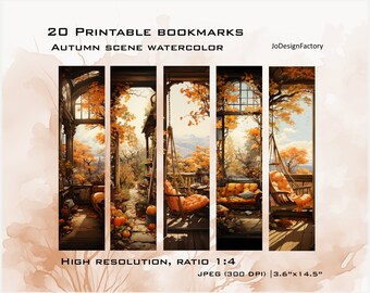 20 digital artwork bookmarks to print. Autumn Fall painting views. Digital high resolution JPG (300 dpi) files for printing.