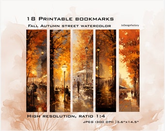 18 digital artwork bookmarks to print. Fall Autumn Paris street painting views. Digital high resolution JPG (300 dpi) files for printing.