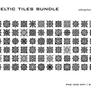 Może przedstawiać: Zestaw 100 czarno-białych wzorów płytek z celtyckimi węzłami. Płytki są ułożone w siatkę. PNG (300 DPI) | SVG