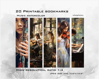 20 digital artwork bookmarks to print. Music paintings. Digital high resolution JPG (300 dpi) files for printing.