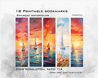 18 digital artwork bookmarks to print. Sailboat paintings. Digital high resolution JPG (300 dpi) files for printing.
