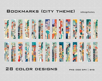 Book Bookmarks bundle 28 color designs. City theme. Digital svg png files for printing.