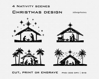 4 nativity christmas designs. Nativity scene DIY. SVG. Xmas deco. Digital svg png files for Laser engraving / cutting or printing.