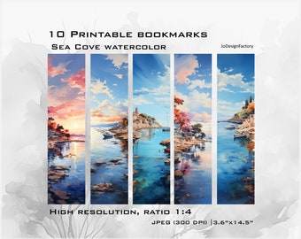 10 digital artwork bookmarks to print. Sea cove fishing boats painting views. Digital high resolution JPG (300 dpi) files for printing.