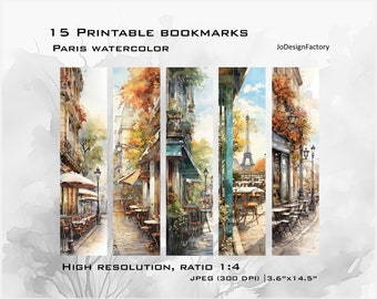 15 digital artwork bookmarks to print. Paris urban street painting views. Digital high resolution JPG (300 dpi) files for printing.