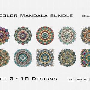 May include: Set of 10 colorful mandala designs in a variety of patterns and colors. The designs are in PNG and SVG format and are 300 DPI.