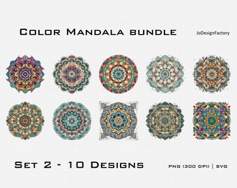 10x Color Mandala designs (set 2). Digital svg png files for printing or laser engraving.