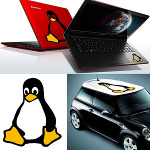 Op de afbeelding: Een rode Lenovo-laptop met een zwart toetsenbord en een pinguïnlogo. De afbeelding toont ook een zwart-witte pinguïngrafiek en een zwarte auto met een wit dak met hetzelfde pinguïnlogo.