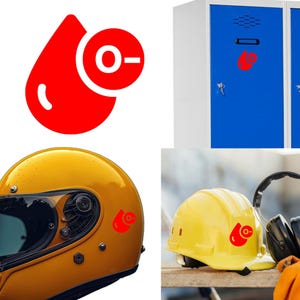 May include: A red blood drop icon with a white "O-" symbol. The icon is displayed on a white background, a yellow helmet, a blue locker, and a yellow hard hat, suggesting a medical or safety theme.