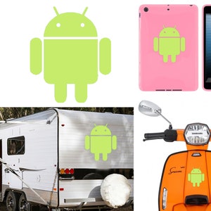 Op de afbeelding: Groene Android-robotlogo sticker op een roze tablet, een witte camper en een oranje scooter. De sticker is felgroen en een populair logo voor het Android-besturingssysteem.