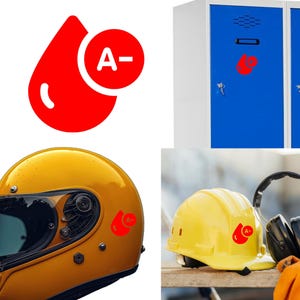 May include: A graphic of a red blood drop with an A- symbol, alongside images of a blue locker, a yellow motorcycle helmet, and a yellow construction helmet, all bearing the same symbol.