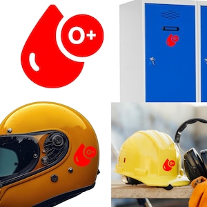 Puede incluir: Un gráfico de gota de sangre roja con el símbolo "O+" blanco. El gráfico aparece en un casco de moto amarillo, un casco de construcción amarillo y taquillas azules. La imagen sugiere un tema relacionado con la donación de sangre o la seguridad.