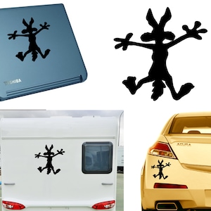 Peut inclure: Une silhouette noire du personnage de dessin animé Wile E. Coyote de la série Looney Tunes. Le personnage est représenté les bras tendus et les jambes écartées, comme s'il courait ou sautait. L'image montre le sticker sur un ordinateur portable, une voiture et un camping-car.