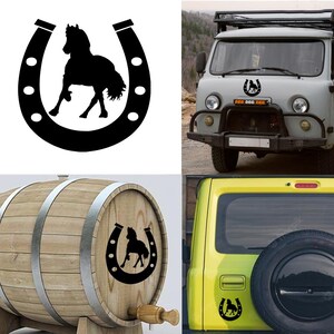 May include: Black silhouette of a horse inside a horseshoe. The design is featured on a variety of items, including a vehicle, a wooden barrel, and a yellow SUV. The horseshoe has white dots and the horse is in a rearing position.