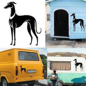 Könnte beinhalten: Eine schwarze Silhouette eines Windhundes wird in drei verschiedenen Umgebungen gezeigt. Das erste Bild zeigt den Hund allein auf weißem Hintergrund stehend. Das zweite Bild zeigt den Hund vor einem blauen Hundehaus. Das dritte Bild zeigt den Hund als Aufkleber auf der Rückseite eines gelben Lieferwagens und eines weißen Wohnmobils.