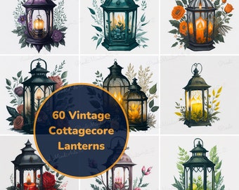 Vintage Watercolor Cottagecore Lantern Clipart | Antique Floral SVG PNG JPEG Bundle for Digital Prints and Commercial Use