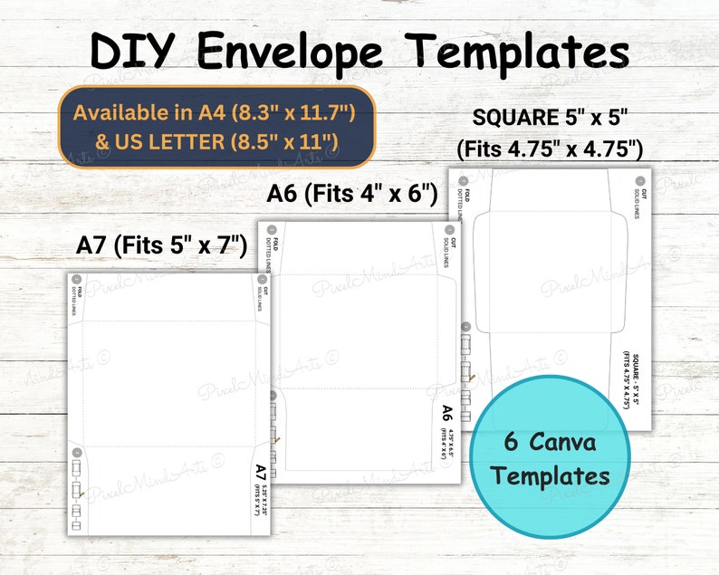 DIY Printable Envelope Templates Print &amp; Cut A7 5x7, A6 4x6, Square 5x5 ...