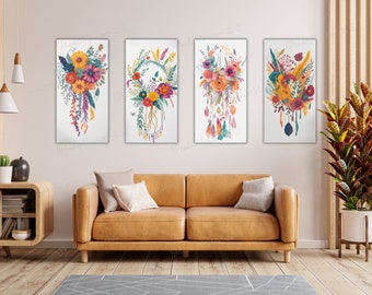 Vibrant Boho Wall Art | Set of 4 Printable Paintings | Colorful Floral Prints | Watercolor Flowers Posters | Digital Download