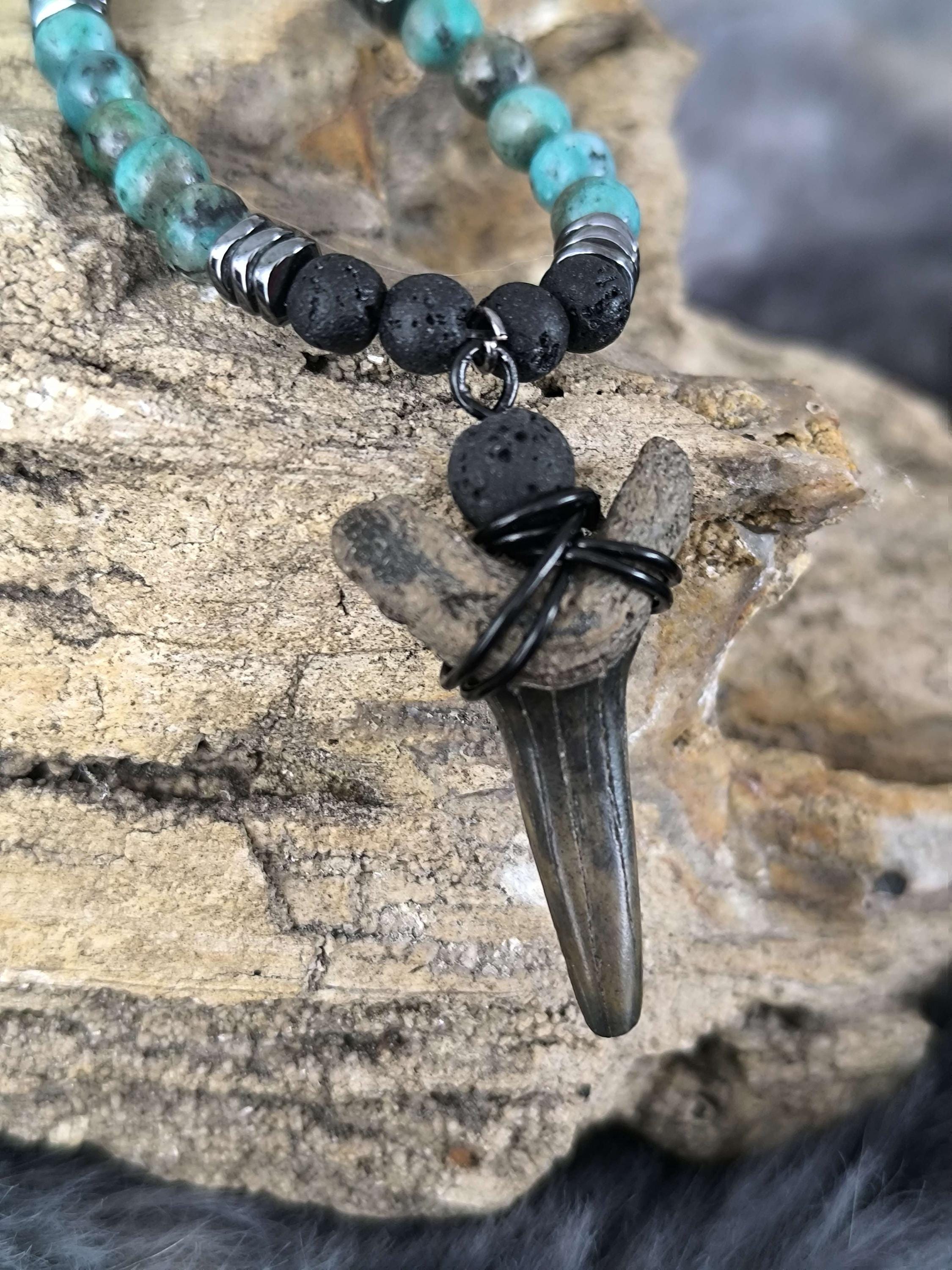 Sand Tiger Shark Tooth Fossil Black Lava Stone and Lapis Lazuli