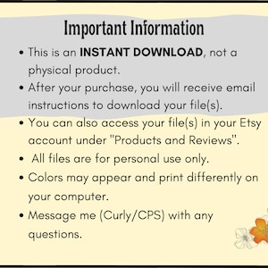 May include: A digital download information sheet with a light yellow background and a gray banner at the top. The text states this is an instant download, not a physical product, and provides instructions for accessing the files. Floral illustrations are in the bottom right corner.