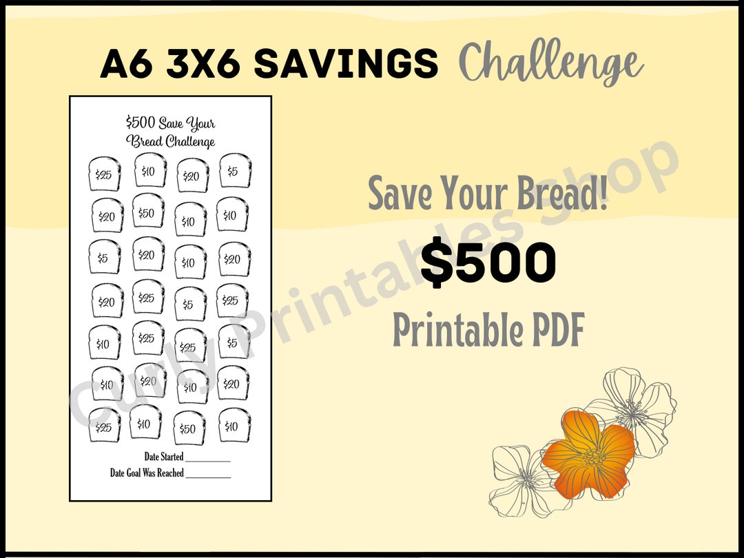 Save Your Bread Savings Challenge 500 Dollars Money Tracker A6 3 X 6