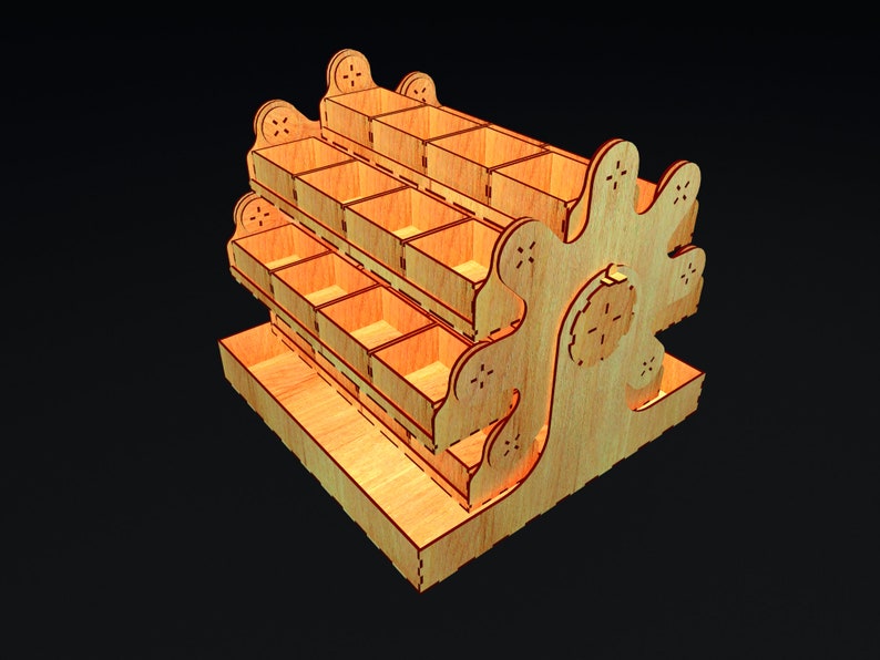 May include: A wooden organizer with multiple compartments, perfect for storing small items. The organizer is made of light brown wood and has a decorative design.