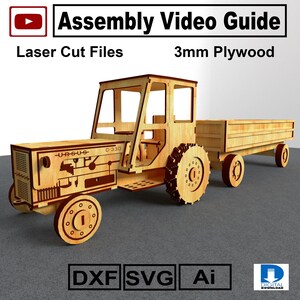 N° >007< Fichiers DXF pour tracteur découpé au laser, plans CNC pour tracteur agricole en bois, remorque porte-bouteilles, kit de maquette à monter soi-même en contreplaqué de 3 mm, tutoriel vidéo