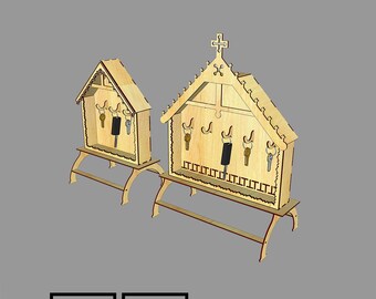 May include: Two wooden key holders in a house shape, with a cross on top. Each holder has hooks for keys and a shelf. The key holders are on a stand. The text "DXF SVG" is at the bottom.