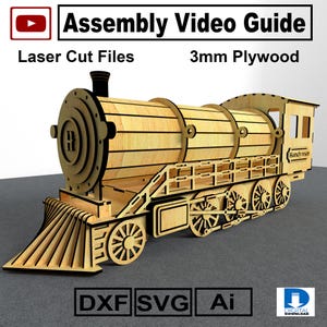 May include: A laser-cut wooden train model, with the text "Assembly Video Guide". The model is constructed from 3mm plywood and displays detailed features such as wheels, a smokestack, and a cabin. The image also includes the text "Laser Cut Files".