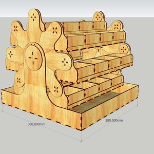 May include: A wooden display stand with multiple shelves and compartments. The stand is 380 mm wide and 380 mm deep.