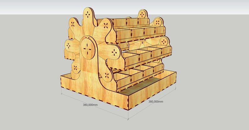 May include: A wooden display stand with multiple shelves and compartments. The stand is 380 mm wide and 380 mm deep.