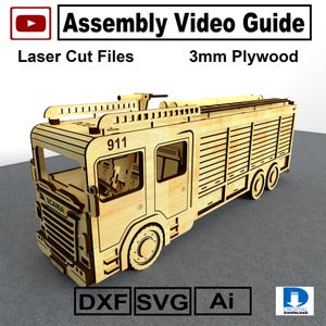 Arquivos para corte a laser de caminhão de bombeiros em DXF, SVG e AI, projetos CNC de caminhão de bombeiros de madeira, kit de modelo DIY de caminhão porta-garrafas em compensado de 3 mm, ideia de presente, guia em vídeo