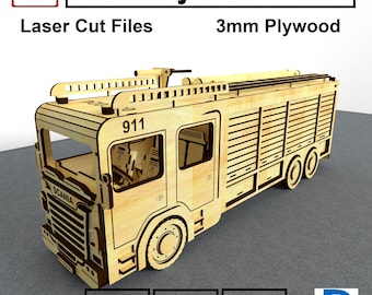 No >003< Laser Cut Fire Truck Files DXF SVG Ai, Wooden Fire Engine CnC Plans, Bottle Holder Truck 3mm Plywood DIY Model Kit, Video Guide