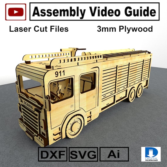 No >003< Laser Cut Fire Truck Files DXF SVG Ai, Wooden Fire Engine CnC Plans, Bottle Holder Truck 3mm Plywood DIY Model Kit, Video Guide