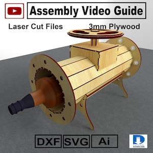 May include: A wooden laser-cut bottle holder with a handle and a circular design. The text "Assembly Video Guide" and "Laser Cut Files" are visible. The design is made of 3mm plywood and includes DXF, SVG, and Ai file formats.