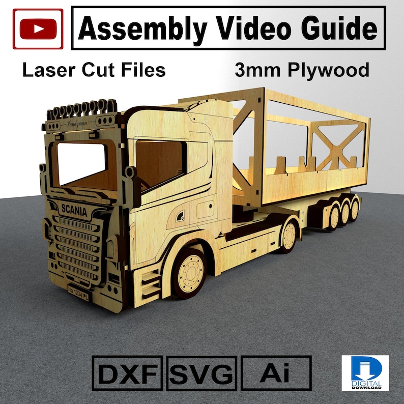 Nr. >001< Lasergeschnittene LKW-Dateien (DXF, SVG, AI), CNC-Baupläne für einen hölzernen Sattelzug, 3 mm Sperrholz-Modellbausatz, Geschenkidee für Ihn, Videoanleitung Bild 1