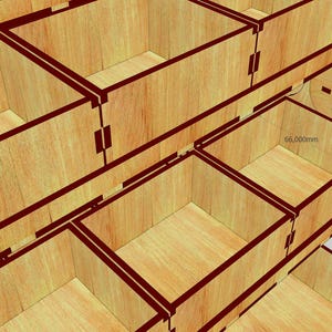 May include: Wooden storage organizer with multiple compartments, each with a brown border. The organizer is 79.000mm tall and 66.000mm wide.