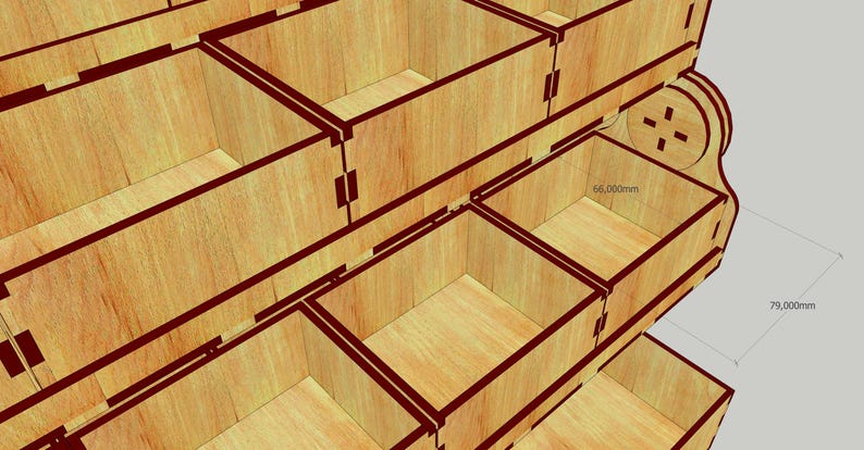 May include: Wooden storage organizer with multiple compartments, each with a brown border. The organizer is 79.000mm tall and 66.000mm wide.