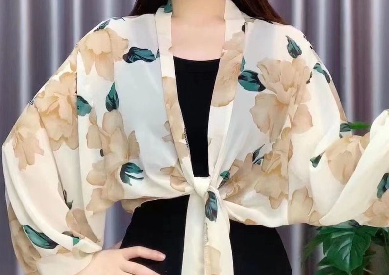 Sarong Jacket Evening Bolero Shrug with cuffed wide sleeves Beige Floral