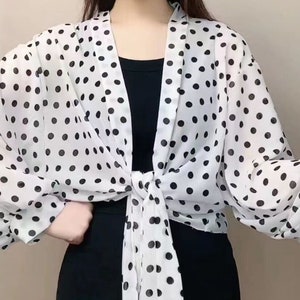 Sarong Jacket Evening Bolero Shrug with cuffed wide sleeves White - polka dots