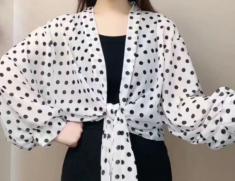 Sarong Jacket Evening Bolero Shrug with cuffed wide sleeves White - polka dots