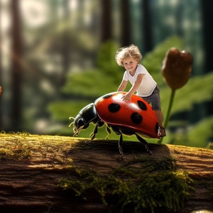 May include: A child sits on a large red and black ladybug, which is walking on a mossy log in a forest setting. The text "Friendly Lady Bug - Digital Backdrop" is at the bottom of the image.