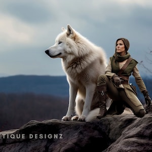 May include: A woman in a green and brown outfit stands on a rocky cliff with a large white wolf. The wolf is sitting and looking to the left. The woman is looking at the wolf. The background is a cloudy sky and a forest.
