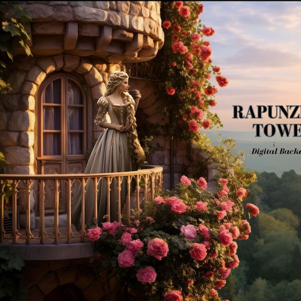 Rapunzel's Tower Digital Backdrop Fairy Tale Princess Photography Background High Tower Digital Background for Fantasy Composite Images